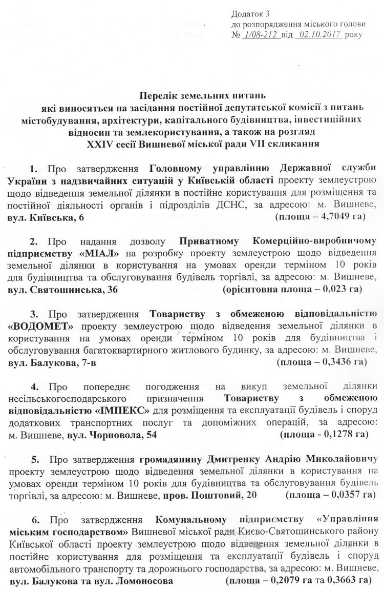 Розпорядження №1\08-212 від 02 жовтня 2017 р. Про скликання чергової XХІV сесії Вишневої міської ради VIІ скликання